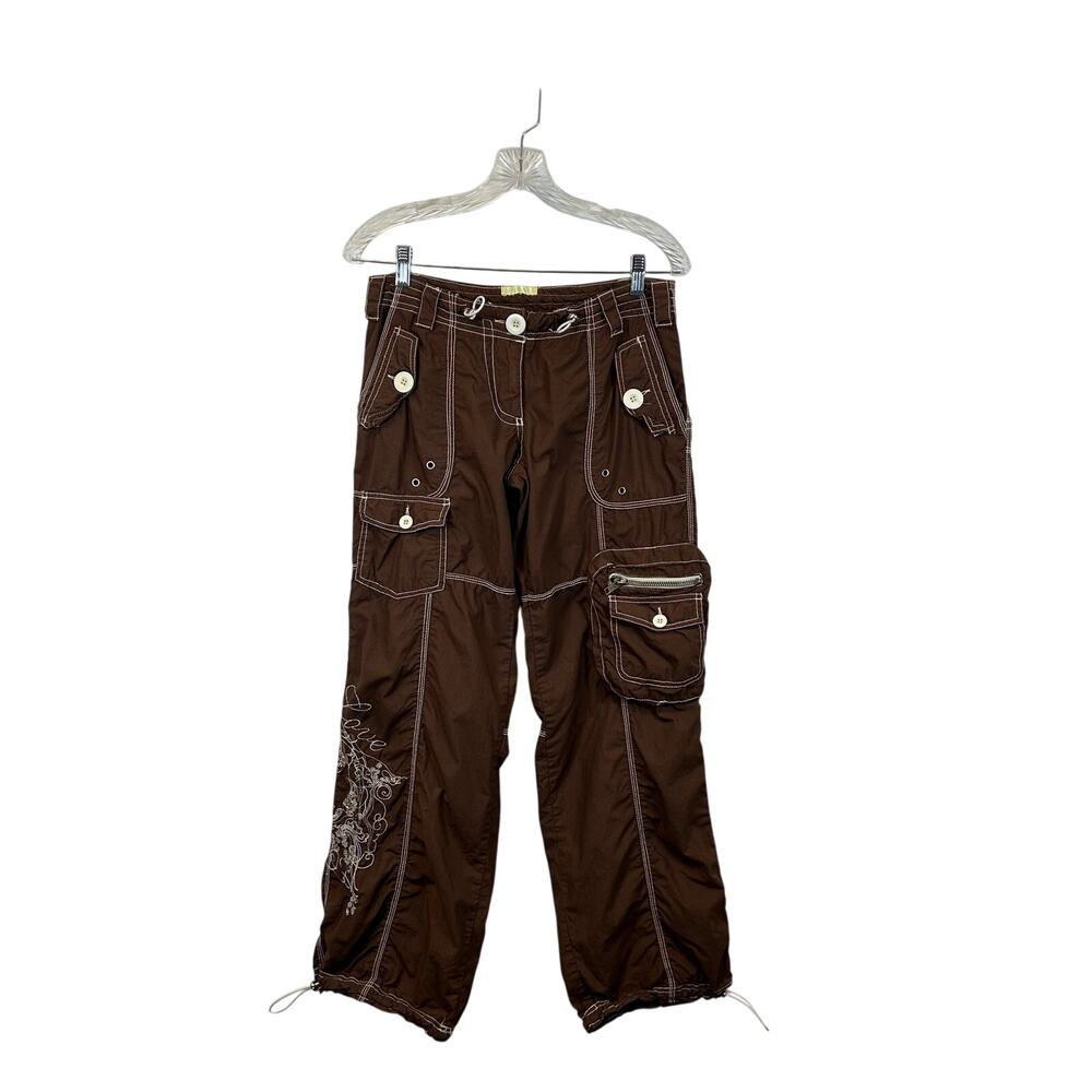 Vintage Y2K Light Cargo Pants Utility Streetwear Brown Sz L Embroidered Grunge‎